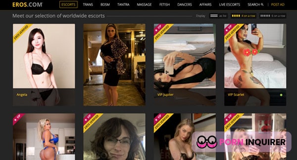 homepage of eros.com escort website