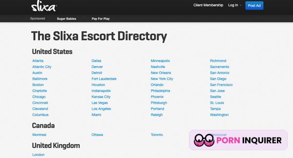 homepage of slixa escort website