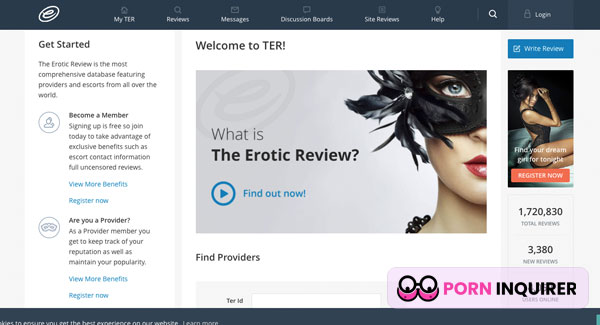 homepage of the erotic review escort site
