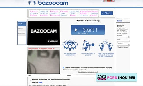 homepage of bazoocam chat site