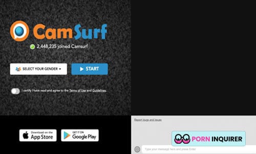 homepage of camsurf video chat site