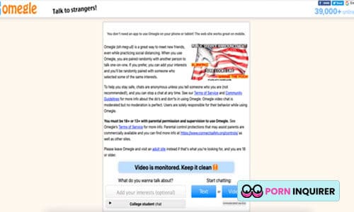 homepage of omegle random video chat site