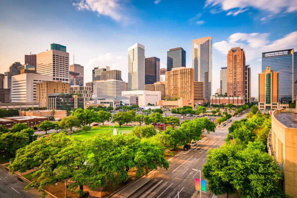 houston texas with tall buildings in the background on a sunny day