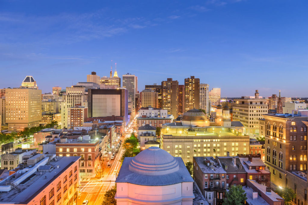 baltimore cityscape view with lights from buildings