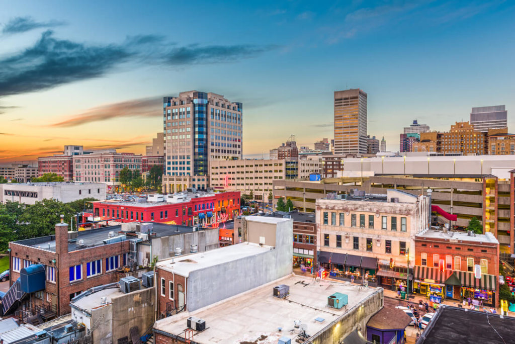 a view of memphis central business district with buildings and houses