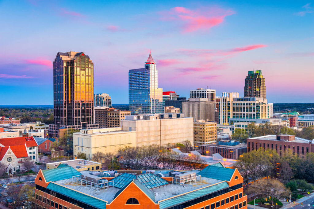 a city view of raleigh with colorful structures